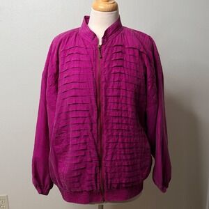 EVR Silk Jacket Sz Med Magenta Ruffle Zip Bomber Lightweight Outerwear Vintage